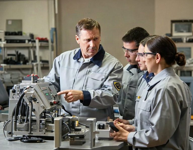 Plusieurs personnes autour d'un poste de travail pour apprendre son fonctionnement