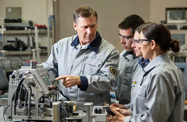 Plusieurs personnes autour d'un poste de travail pour apprendre son fonctionnement